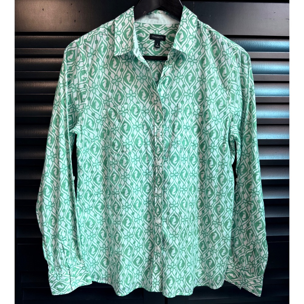 100% Cotton Seahorse Print Button Down Shirt Talbots 8 Green White